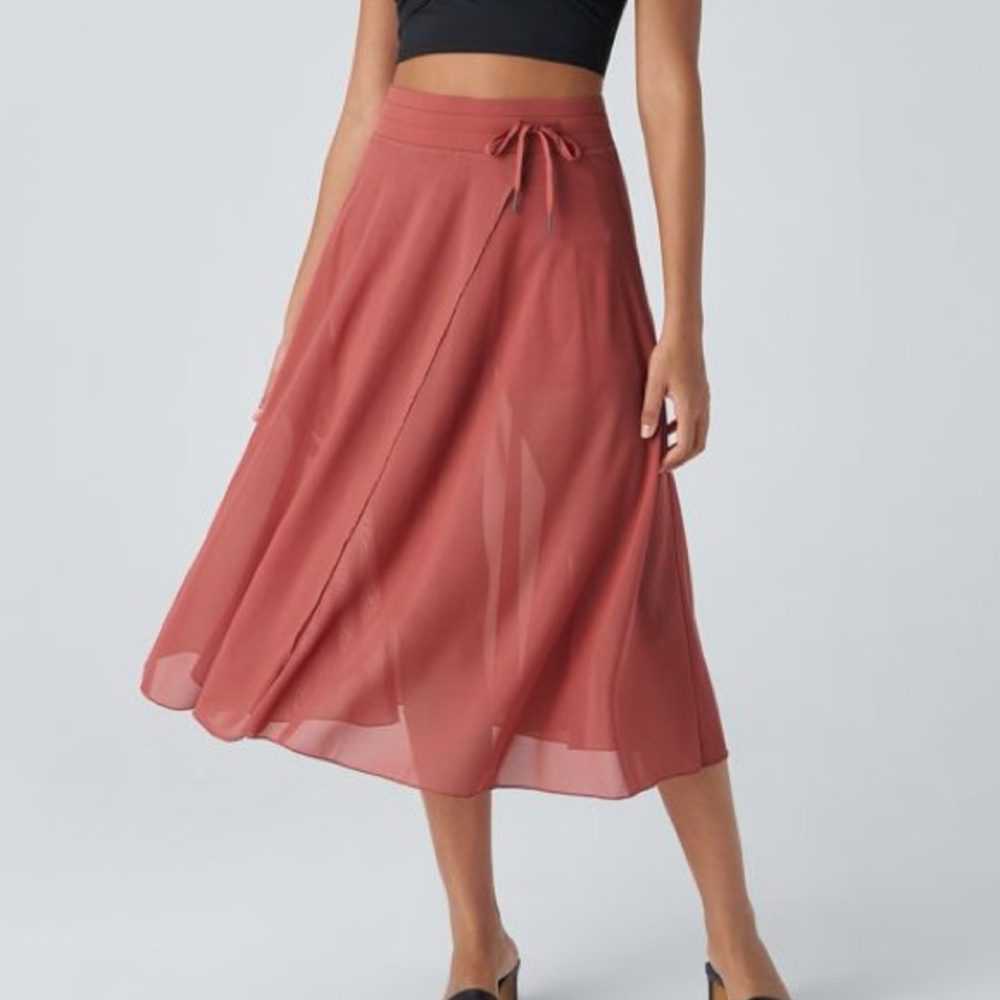🆕NWT HALARA  High Waisted Drawstring Contrast Mesh Flowy Midi Flare Casual Skirt